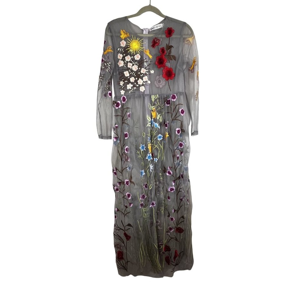 Retro Floral Mesh Maxi Dress Gray XL Whimsical Romantic Fairy Sheer Colorful Art